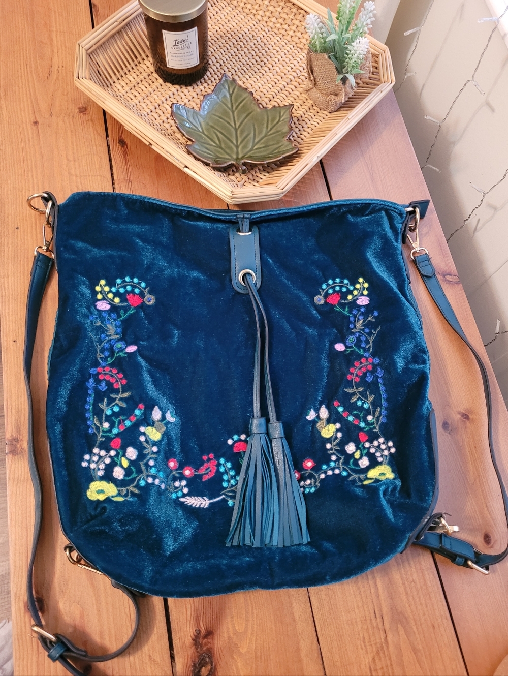 Teal Velvet Boho Backpack